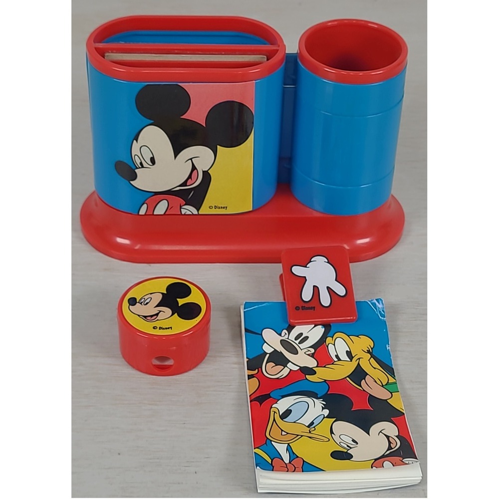 Vintage Disney Mickey Mouse Desk Organizer Set Sharpener Clip Notepad Blue Red